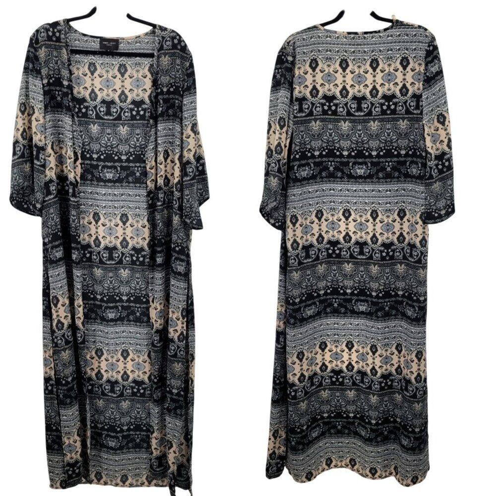 Romeo +‎ Juliet Couture Womens Boho Kimono Duster Sz M Black Paisley Long Slits